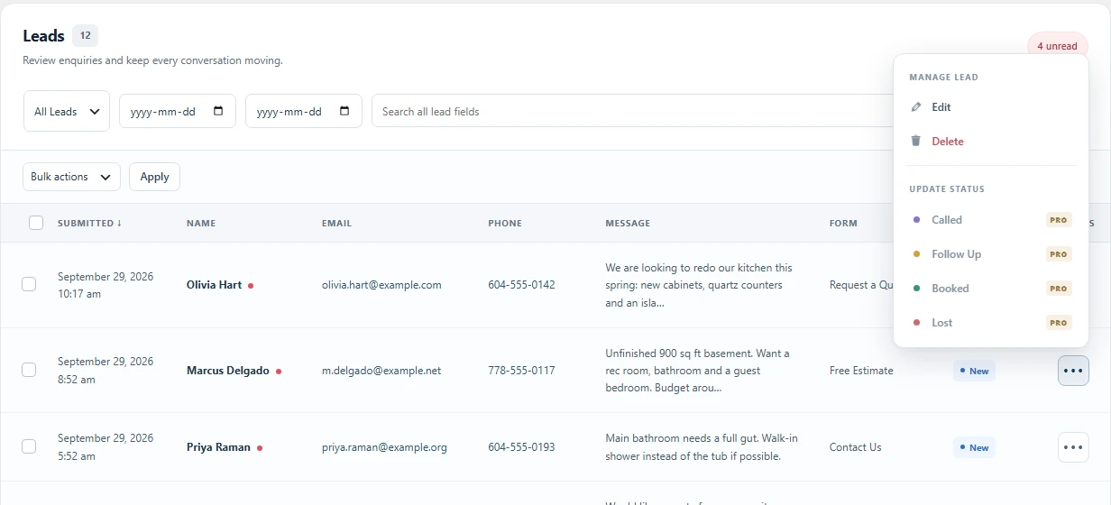 Lead table with the action menu open showing Edit, Delete and status actions