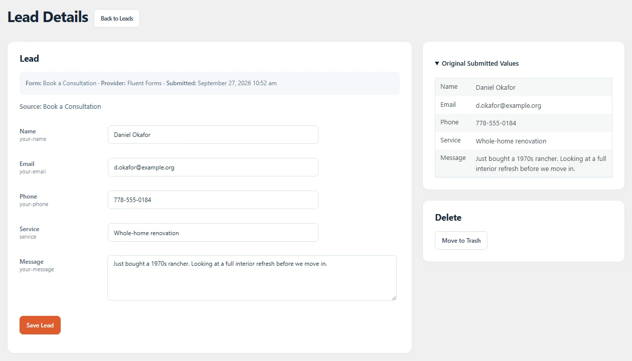 Lead Details screen with editable fields and the original submitted values
