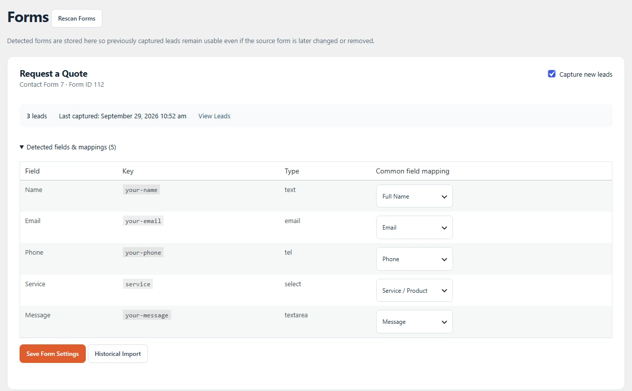 Forms screen showing detected fields and common field mappings