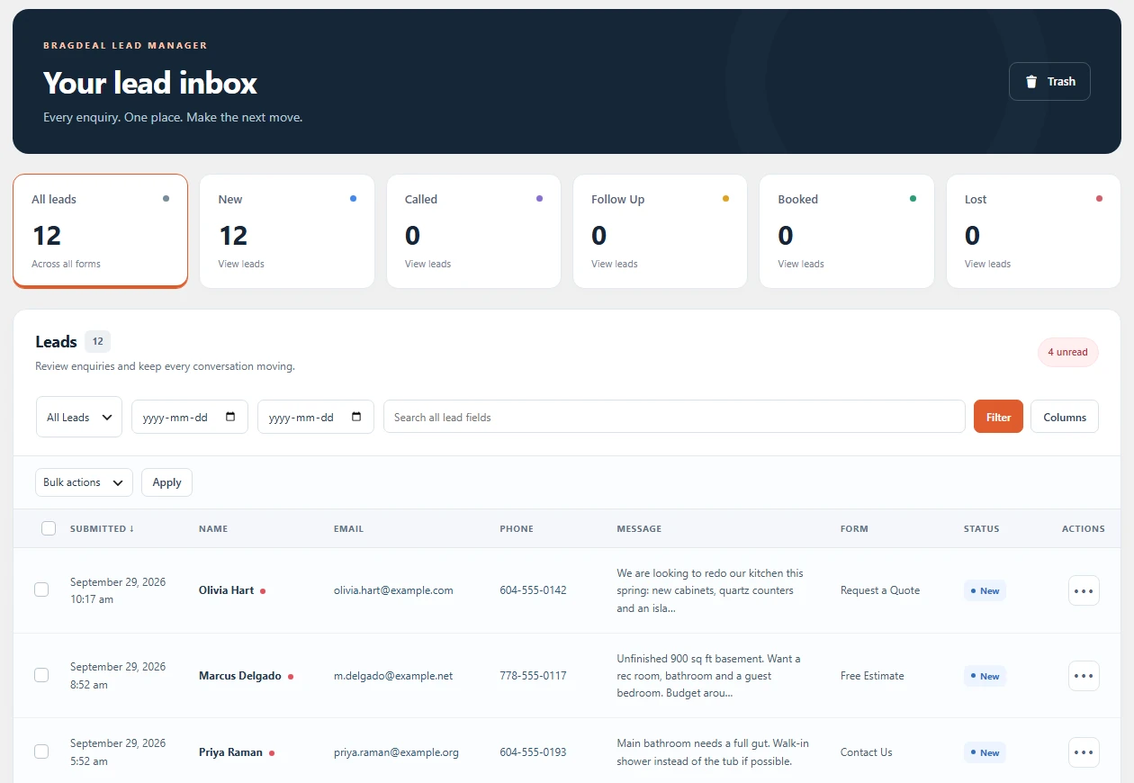 BragDeal Lead Manager lead inbox with status cards, filters and the leads table