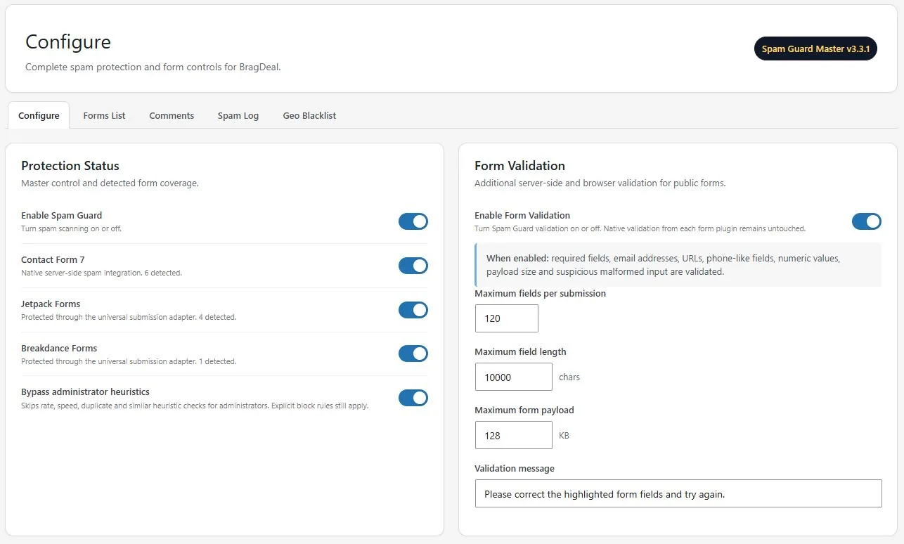 Spam Guard configure screen